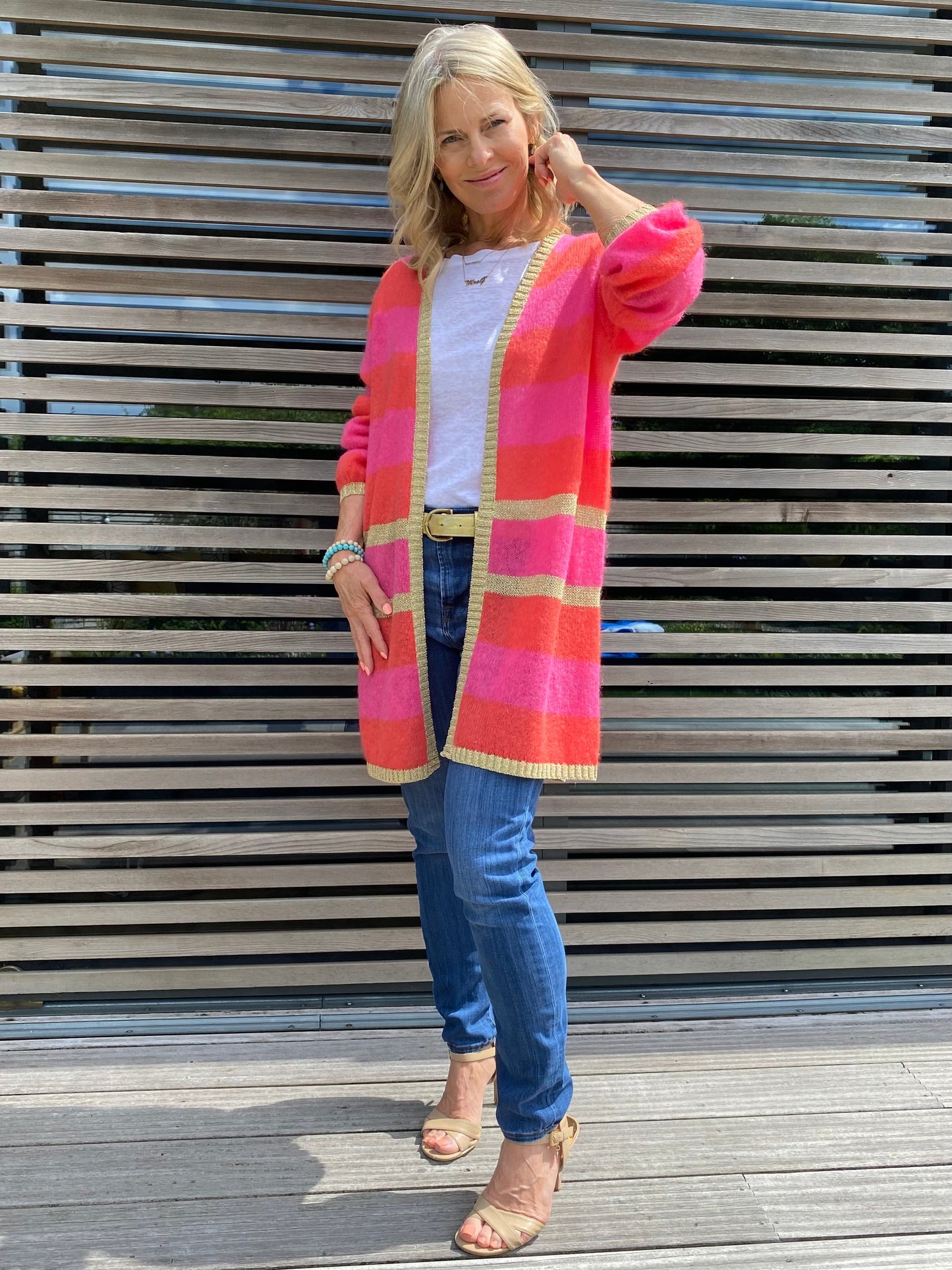 Elizabeth Long Striped Cardigan - Navy and Ivory with Gold Lurex Trim