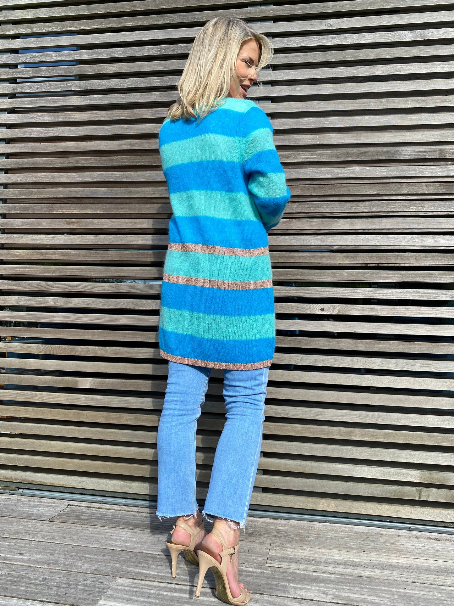 Elizabeth Long Striped Cardigan - Navy and Ivory with Gold Lurex Trim
