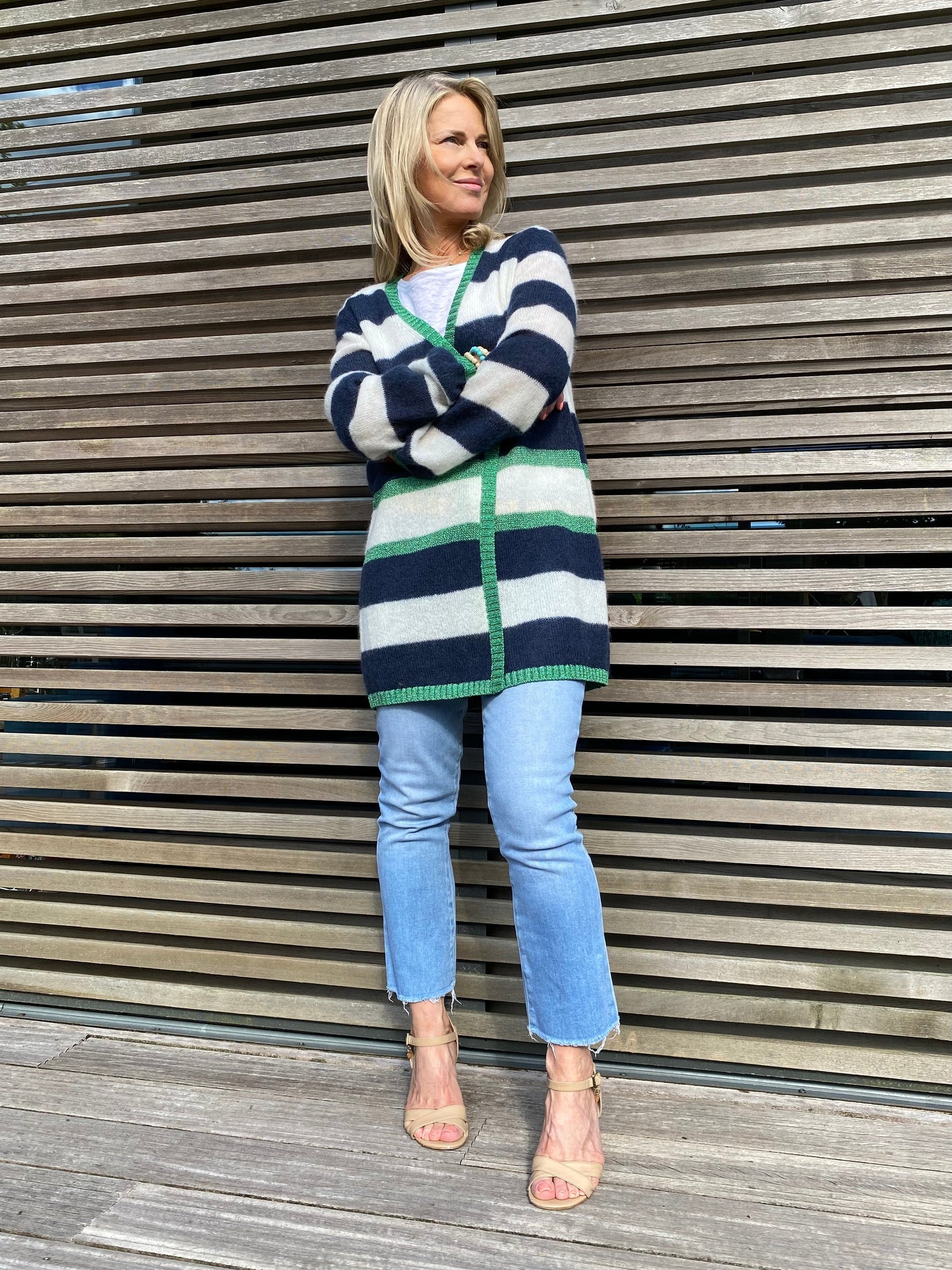 Elizabeth Long Striped Cardigan - Navy and Ivory with Gold Lurex Trim