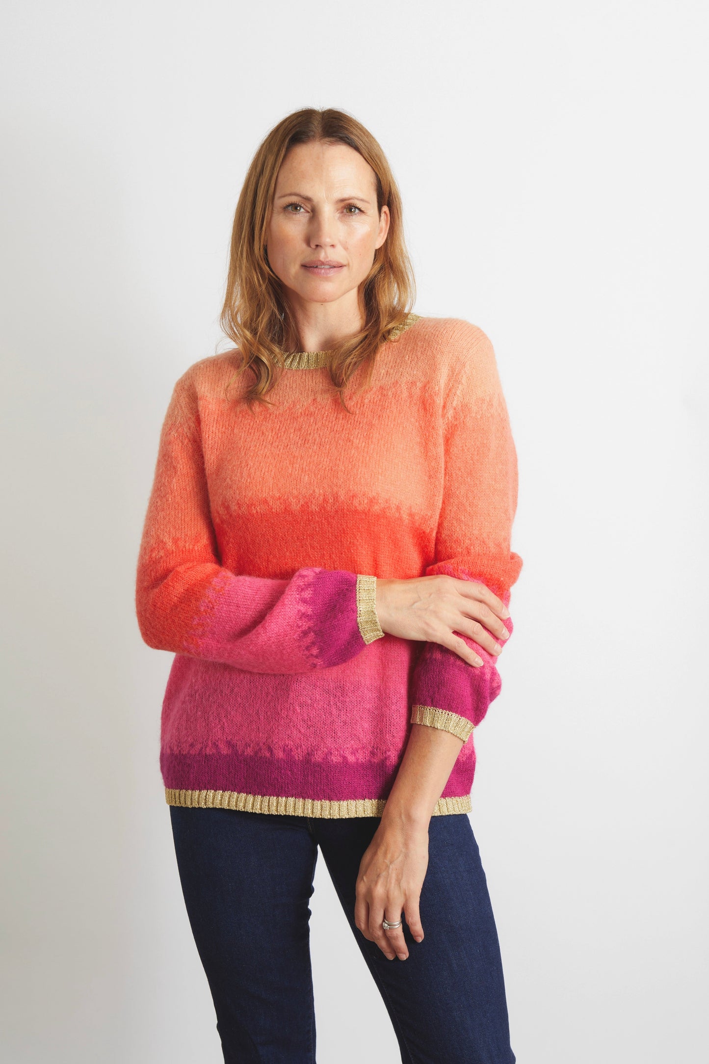 Amelia Ombre Effect Jumper with Champagne Sparkle Lurex Trim in Aqua, Blue, Turquoise and Green