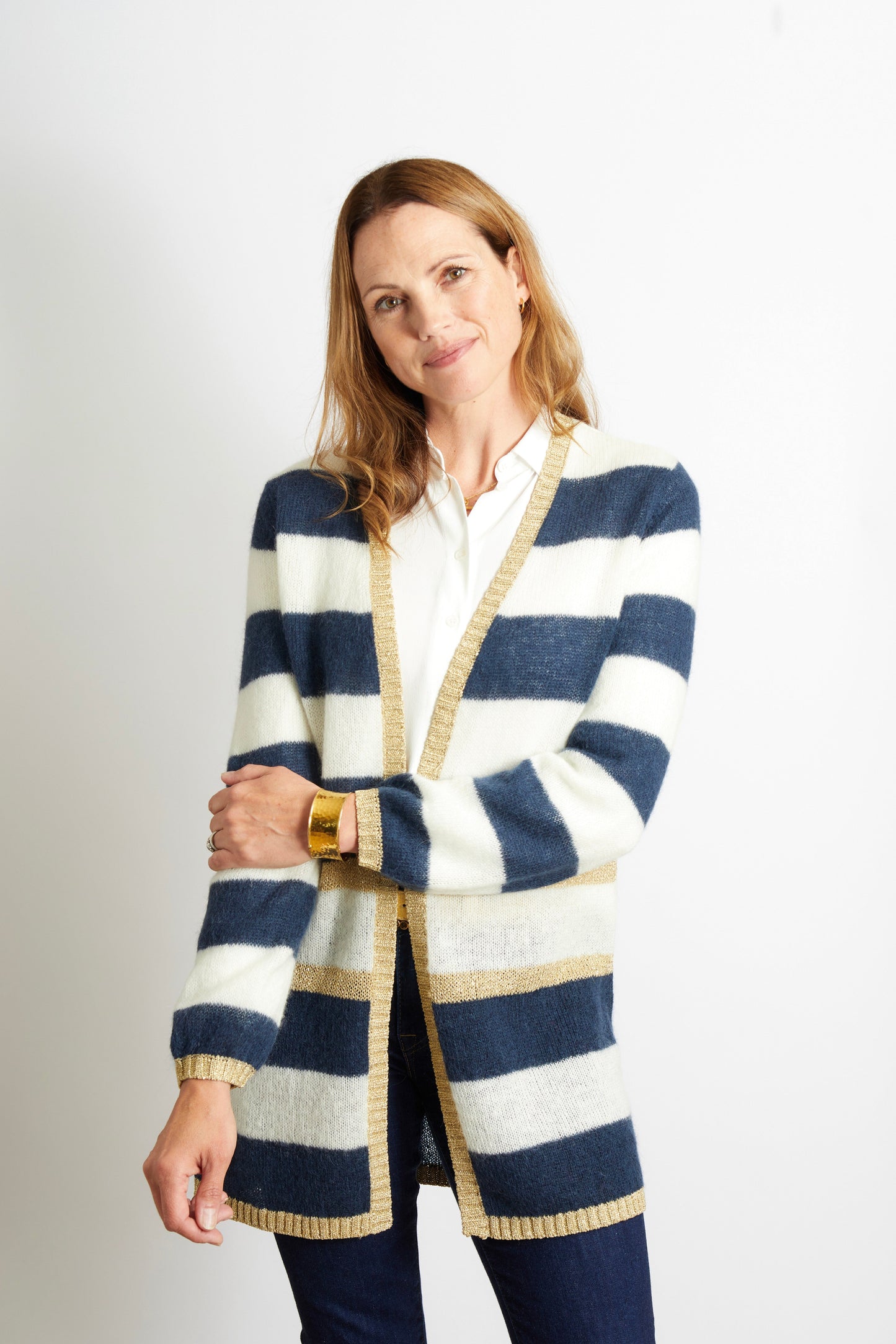 Elizabeth Long Striped Cardigan - Navy and Ivory with Gold Lurex Trim