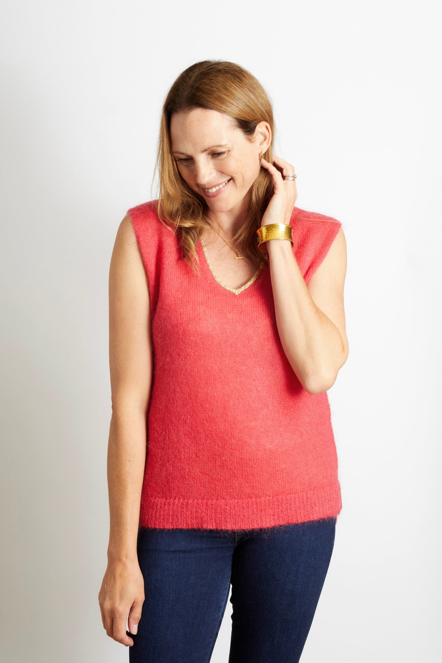 Nancy Knitted V Neck Tank Top with Champagne Sparkle Lurex Trim - Navy Blue