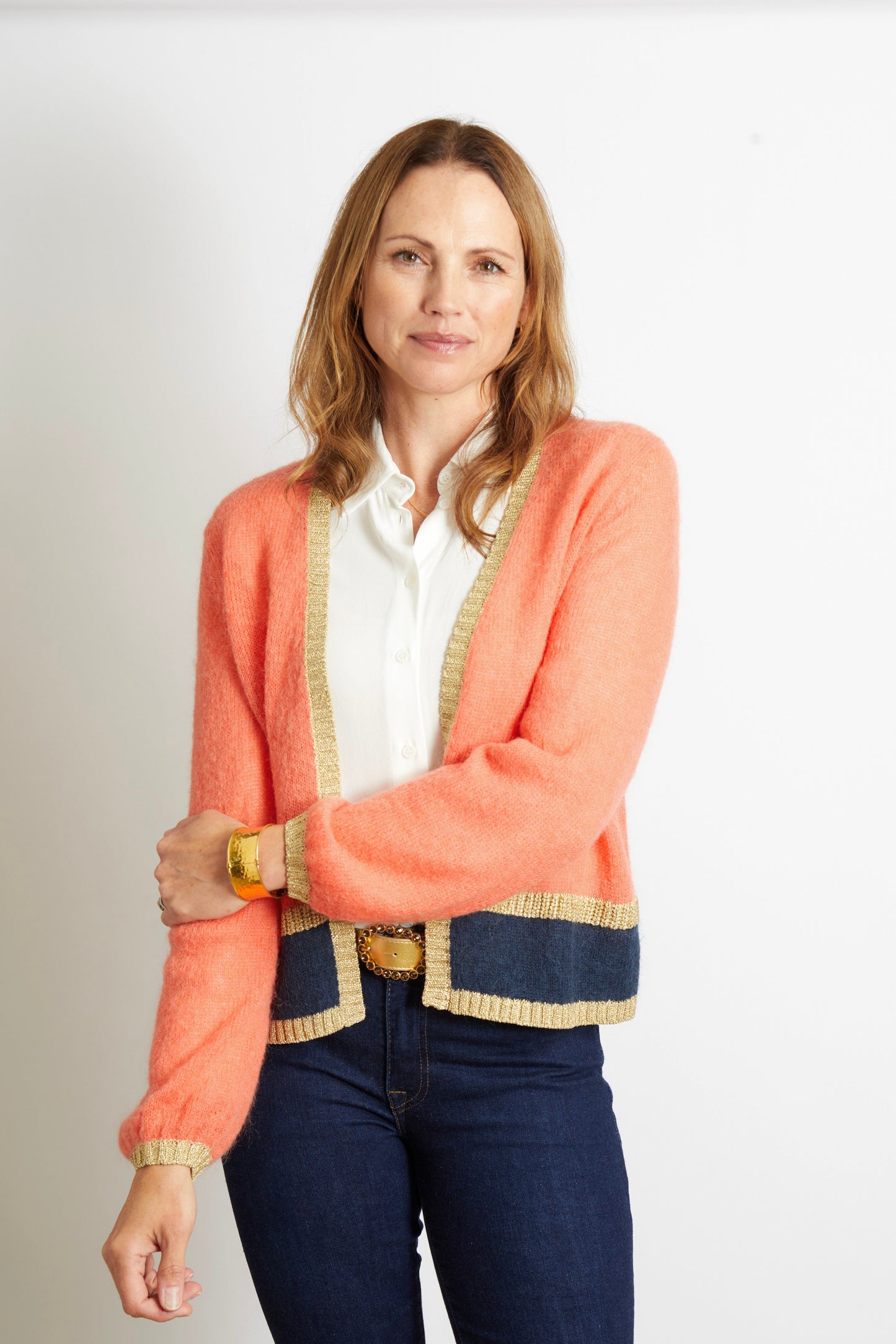 Sophie Cardigan with Gold Sparkle Lurex Trim - Olive Green with Cerise Pink Stripe