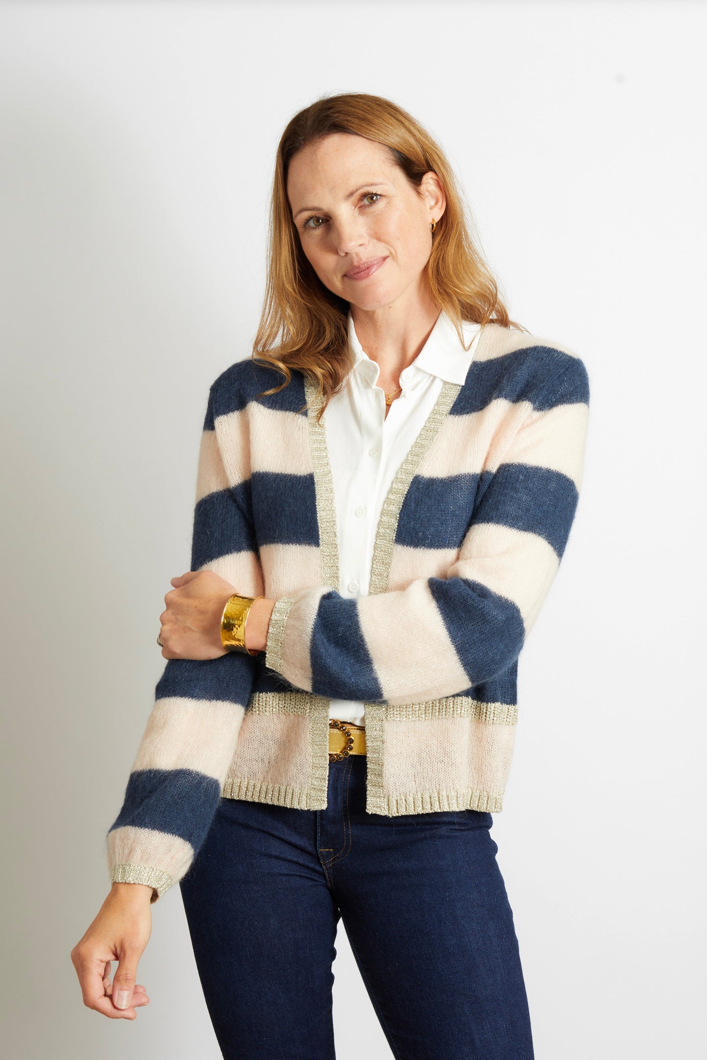 Sophie Cardigan with Gold Sparkle Lurex Trim - Olive Green with Cerise Pink Stripe