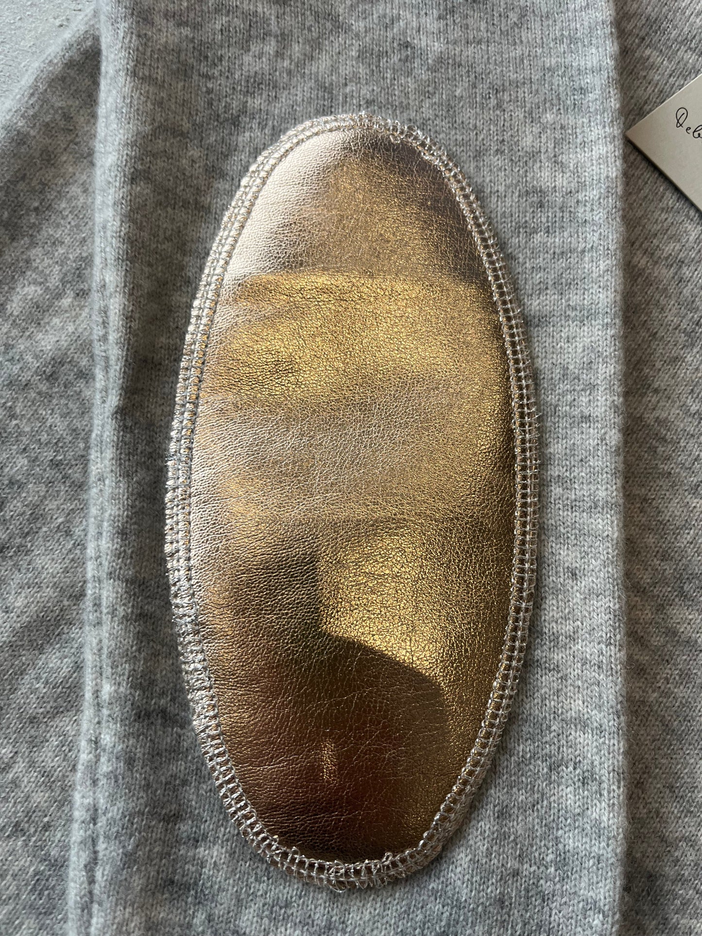 ONLY ONE LEFT - Grey boxy crew neck with rose gold faux leather elbow patches