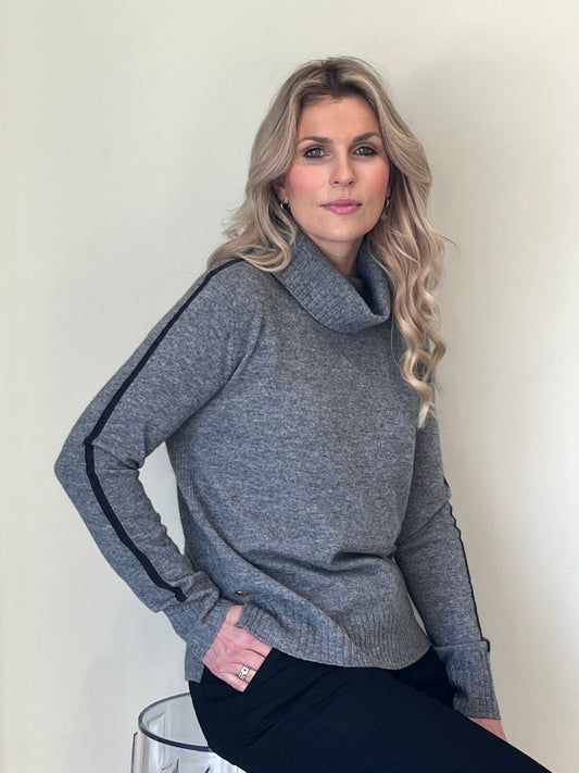 ONLY ONE LEFT - Grey rib detail roll neck with black stripe intarsia detail