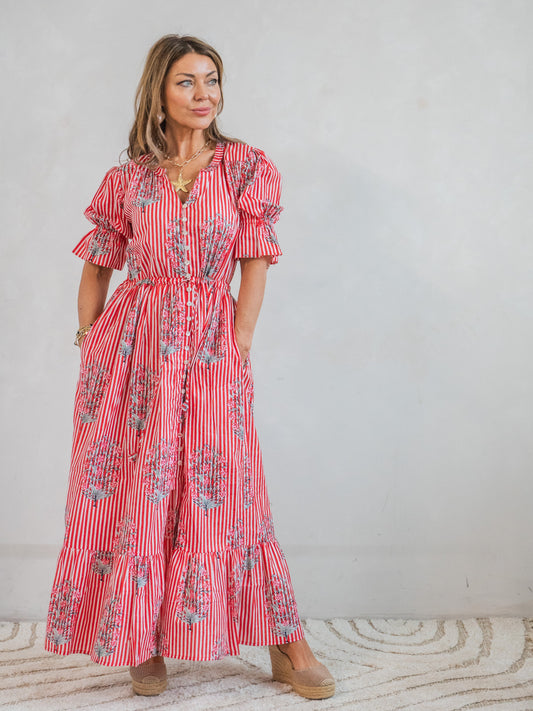 'CHERISH' DRESS IN RED STRIPE GARLAND