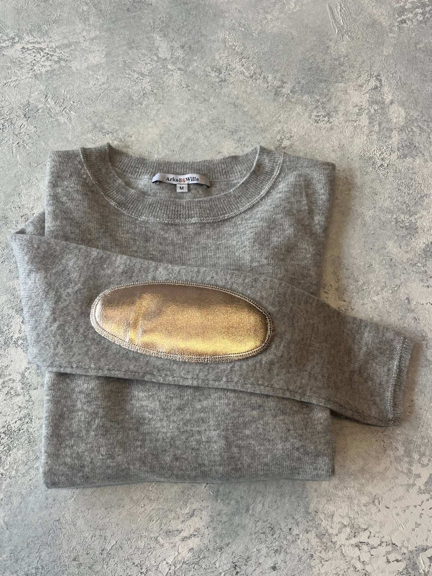 ONLY ONE LEFT - Grey boxy crew neck with rose gold faux leather elbow patches