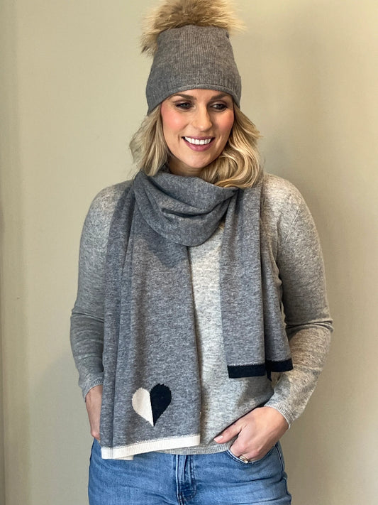 Grey scarf with heart intarsia detail