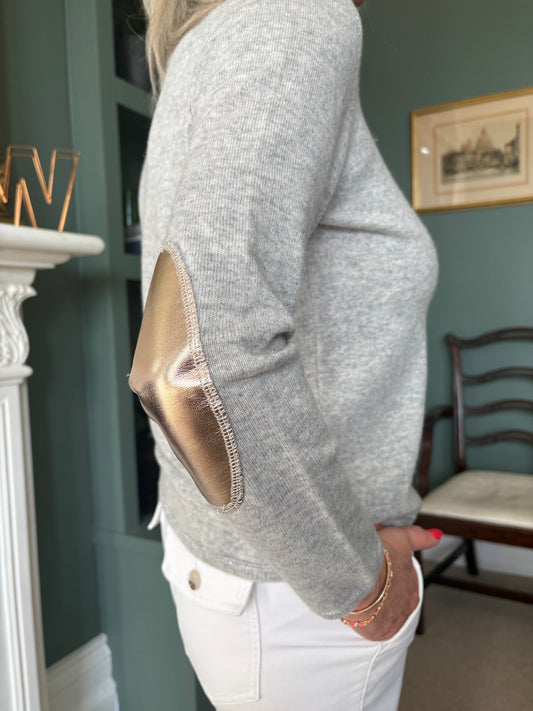 ONLY ONE LEFT - Grey boxy crew neck with rose gold faux leather elbow patches