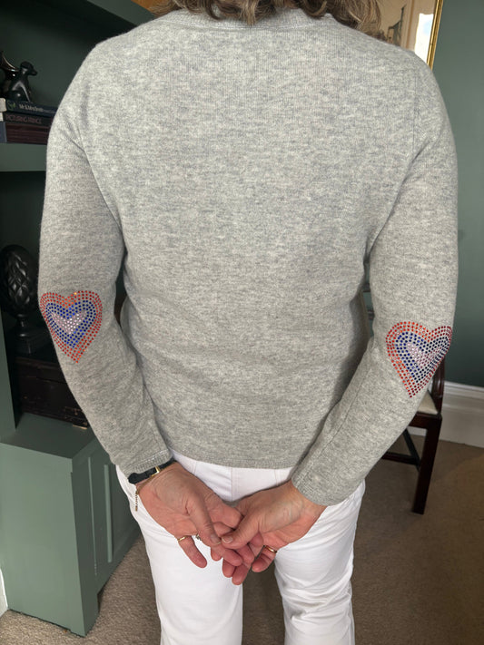 ONLY ONE LEFT - Grey boxy crew neck with multi colour diamante heart elbow patches