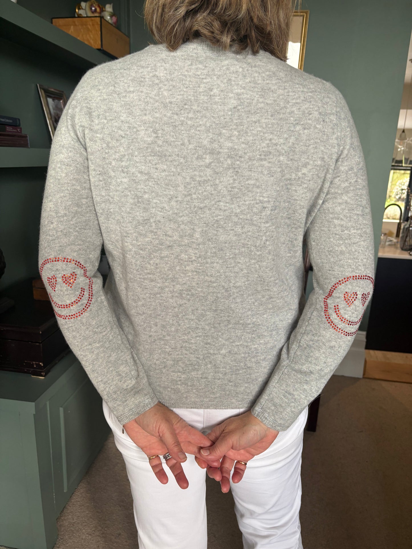 ONLY TWO LEFT - Grey boxy crew neck with orange diamante smiley face elbow patches