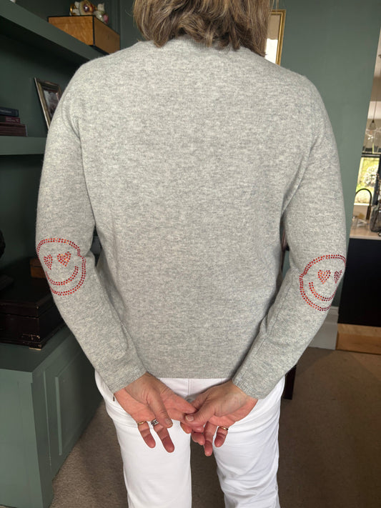 ONLY TWO LEFT - Grey boxy crew neck with orange diamante smiley face elbow patches