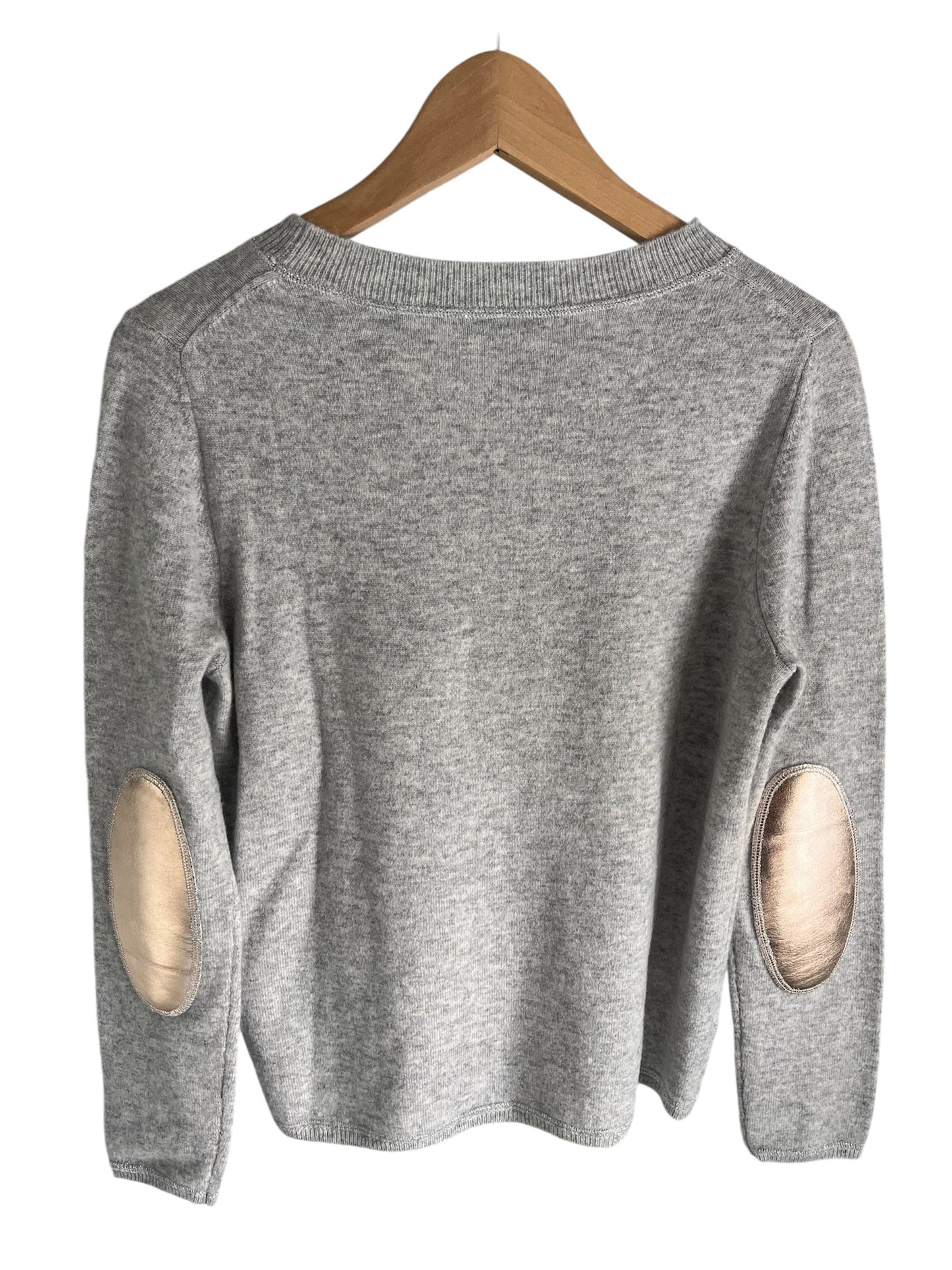 ONLY ONE LEFT - Grey boxy crew neck with rose gold faux leather elbow patches