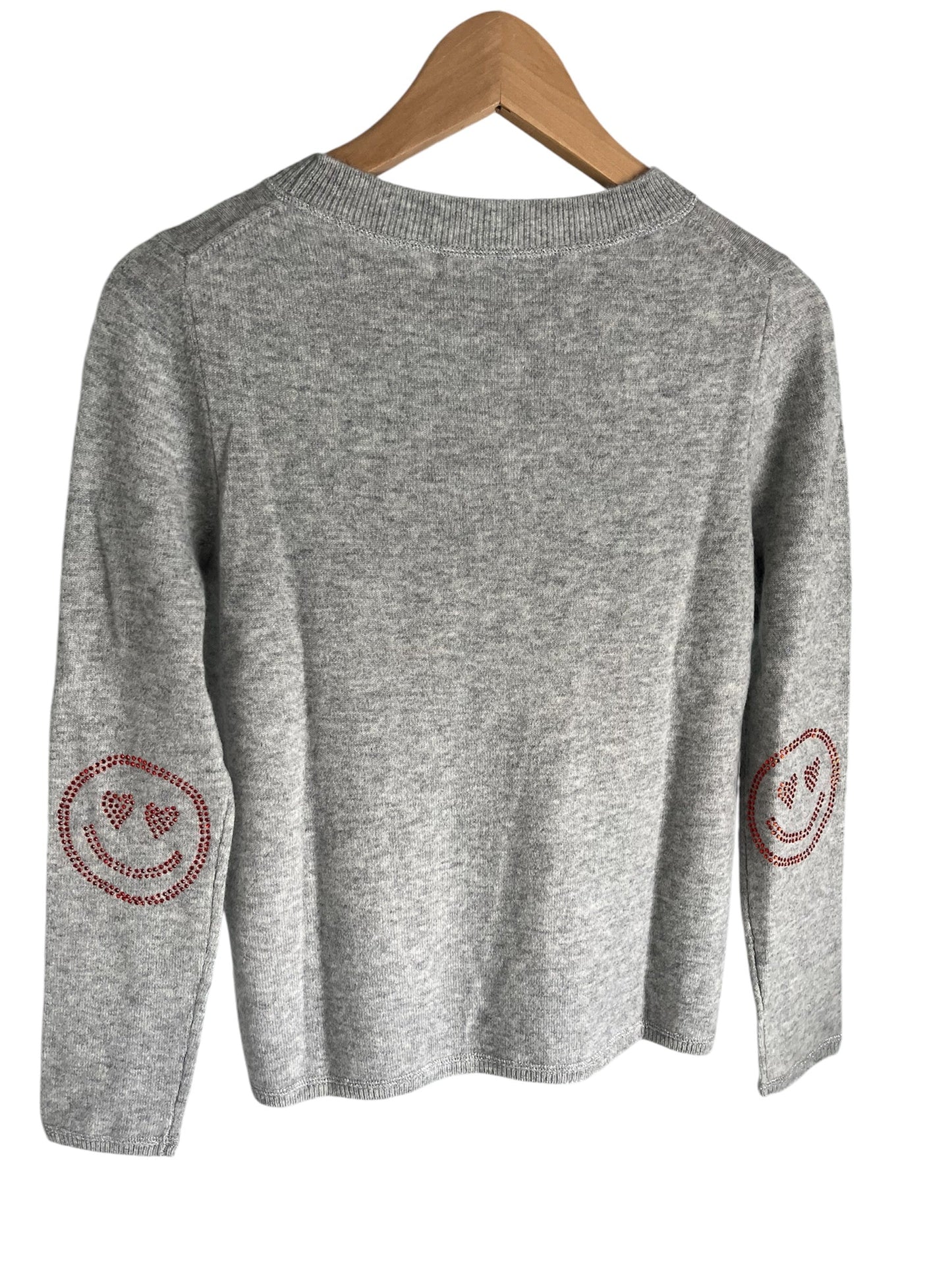 ONLY TWO LEFT - Grey boxy crew neck with orange diamante smiley face elbow patches