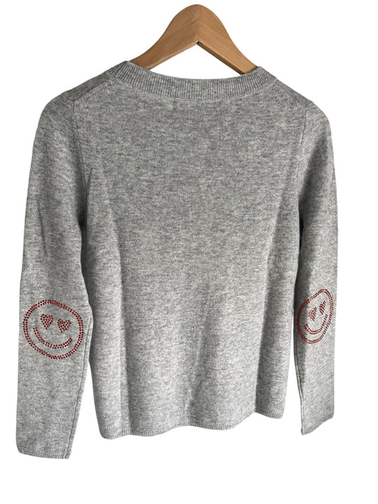 ONLY TWO LEFT - Grey boxy crew neck with orange diamante smiley face elbow patches