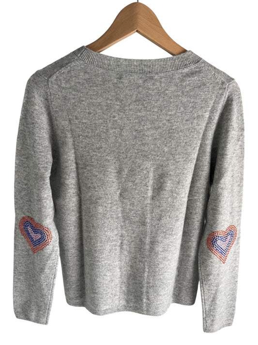 ONLY ONE LEFT - Grey boxy crew neck with multi colour diamante heart elbow patches