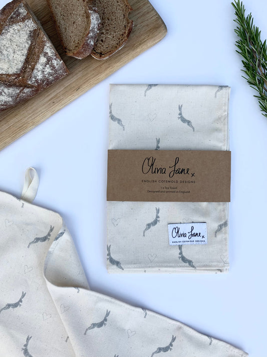 Tea Towel - 'Home Late Hare and Hearts'