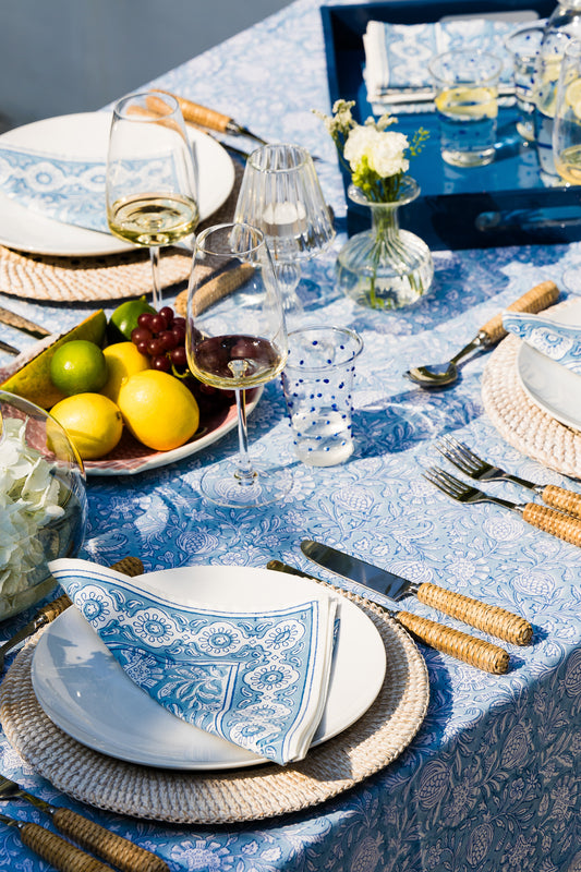 Sky Blue Block Printed Pomegranate Tablecloth