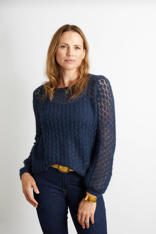 Olivia Pointelle Knit Ladies Jumper with Full Sleeve - Navy Blue