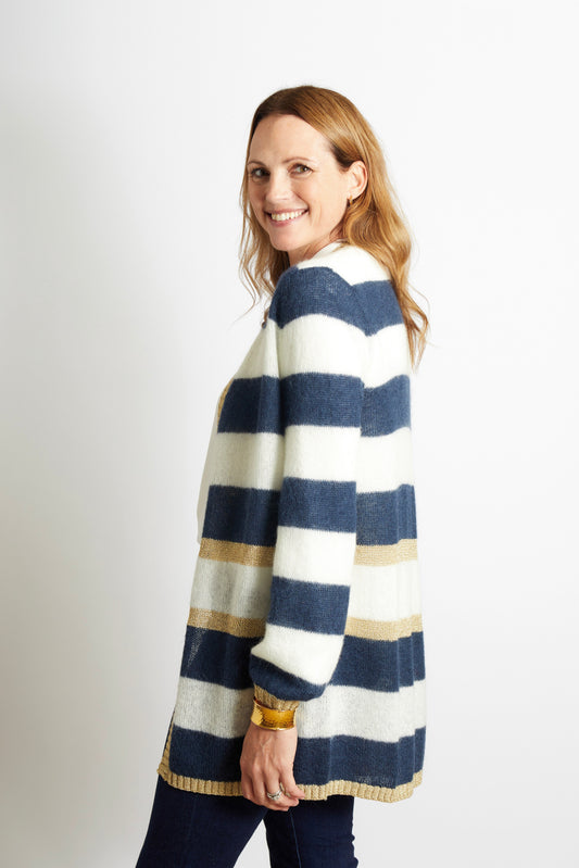 Elizabeth Long Striped Cardigan - Navy and Ivory with Gold Lurex Trim