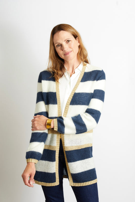 Elizabeth Long Striped Cardigan - Navy and Ivory with Gold Lurex Trim