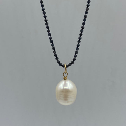 Black oxidised sillver necklace with gold filled beads and pearls