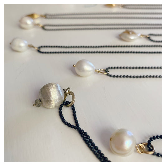 Black oxidised sillver necklace with gold filled beads and pearls